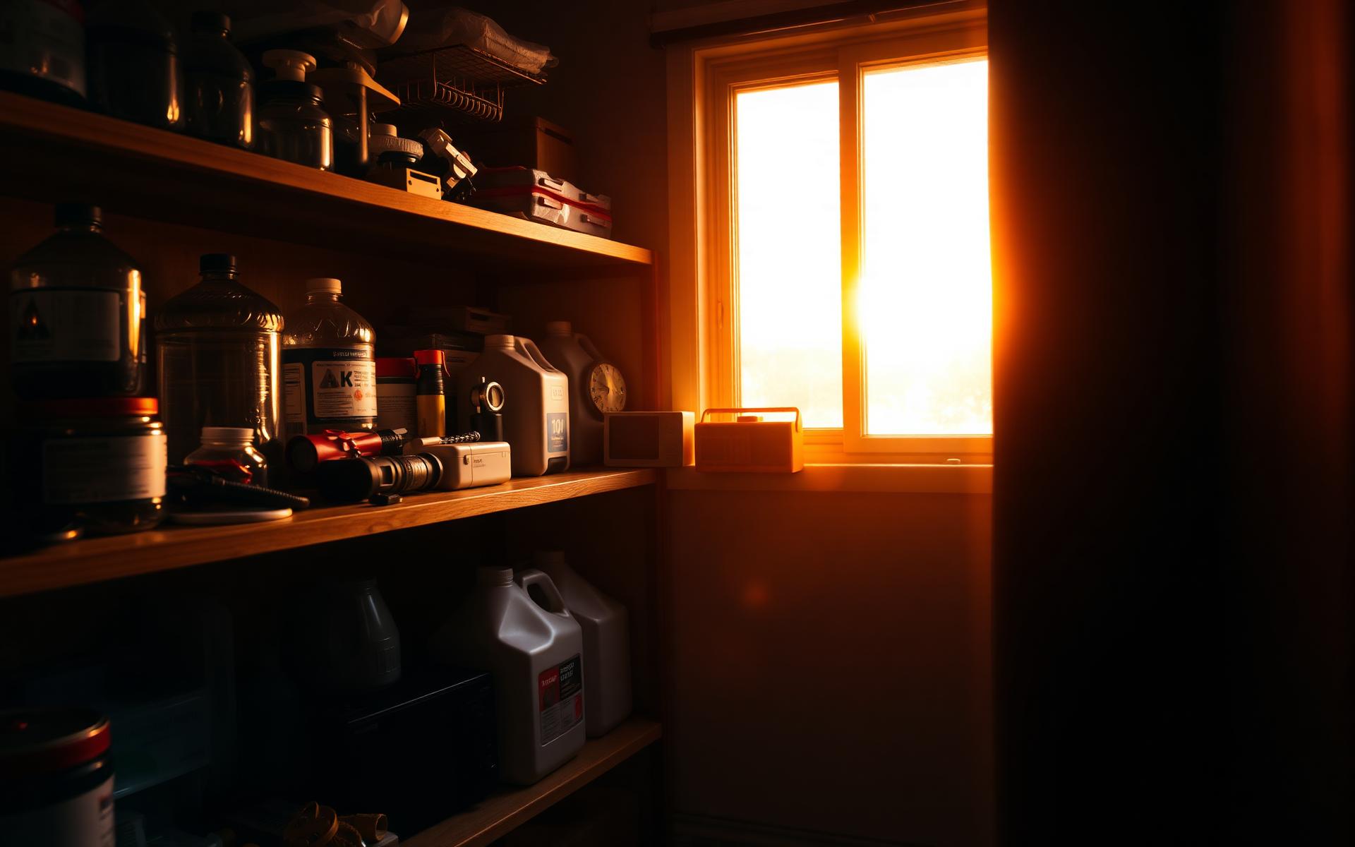 Organized home emergency supplies at golden hour
